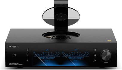 Leitor de rede EverSolo DMP-A8 Master Edition Gen 2 preto com visor de volume azul e gaveta de CD aberta