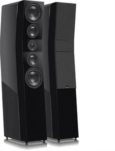 To sorte lakerede SVS Ultra Evolution Titan gulvhøjttalere, 5 højttalere på fronten, skinnende refleksioner