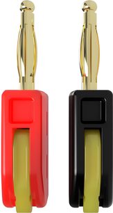 Banana-Stecker Speaker Snap SSBP8 rot und schwarz aus glänzendem Kunststoff mit vergoldeten Metallstiften, Seitenansicht