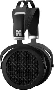 Åbent hi-fi hovedsæt Hifiman Sundara sort, venstre profilvisning, ovale perforerede læderørepuder, polstret hovedbøjle