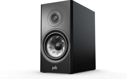 Polk Audio R100 zwarte boekenplankluidsprekers, vooraanzicht, met zichtbare middenlaag- en tweeterluidspreker