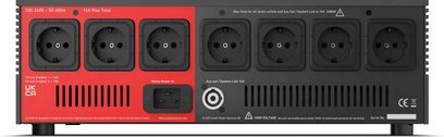 Condizionatore di rete IsoTek V5 SIGMAS nero, vista posteriore, 7 prese elettriche rotonde, 1 ingresso di alimentazione, griglie di ventilazione, iscrizioni tecniche