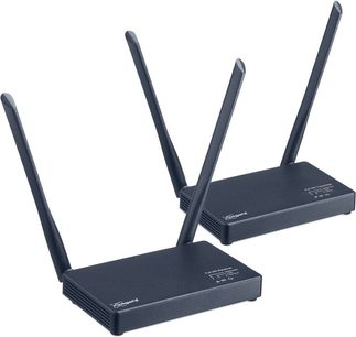 To trådløse sorte Vogel's SAVA 1022-sendere, rektangulære, med 4 antenner hver, placeret på en hvid baggrund