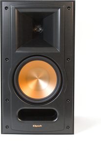 Regálová reprosoustava Klipsch RB-61 MkII černá, pohled zepředu, oranžový reproduktor uprostřed, výškový reproduktor nahoře, matně černá skříň