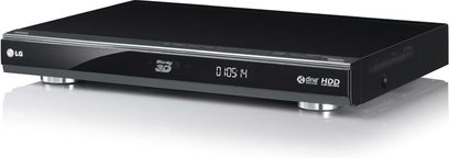 LG HR650 sort Blu-ray-optager, set forfra, med blå LED-display i midten og kontrolknapper på frontpanelet