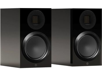 Акустична система Monitor Audio Gold 50 6G черен лак, преден изглед, два кръгли високоговорителя, перфорирана горна решетка