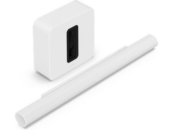 Hvid mat soundbar og subwoofer, set i perspektiv, aflange cylindriske bar, lodret rektangulær subwoofer