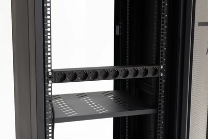 Audiovisual rack with 10-outlet SCHUKO power strip and switch, perforated shelf, black metal structure