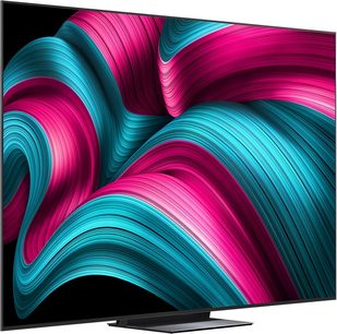 TV LG OLED83C5 nero con cornice ultra-sottile in metallo e pannello in vetro, motivo astratto rosa e blu turchese sullo schermo, montato su base rettangolare, vista frontale tre quarti da sinistra
