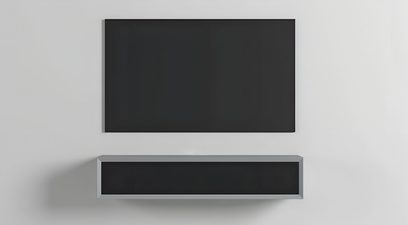 Wandmontiertes Audio-/Video-Möbel Clic Classic Series Modell 12S, grauer Metallrahmen, schwarze Front, Frontalansicht