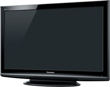 Panasonic TX-PF42X10 melns plakans televizors, izslēgts, skats no priekšpuses, uz metāla statīva