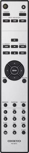 Onkyo RC-897C fjernbetjening med knapper til indgangsvælger, navigation, afspilning og numerisk tastatur, grå og sort farve