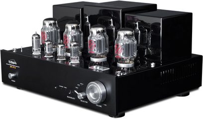 Line Magnetic LM-88IA sort hi-fi rørforstærker, frontvisning, 8 vakuumrør, knapper og stik på forsiden, rektangulært kabinet