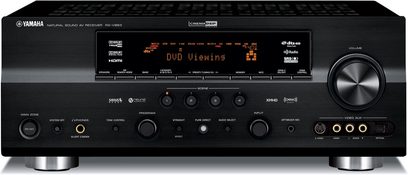 Yamaha RX-V863 sort hjemmebiografsforstærker, frontpanel, frontvisning, display viser "DVD Viewing", knapper og kontrolknapper