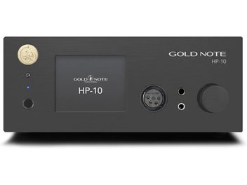 Předzesilovač sluchátek High-Fidelity HP-10 BT černý, pohled zepředu, obdélníkový kryt, otočný knoflík, konektory, centrální displej, logo