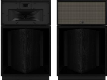 Diffusori a colonna Klipsch La Scala AL6 neri con finitura in legno, parte frontale con tweeter, medio e subwoofer