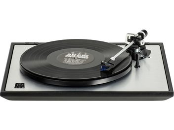 Picup audio Rekkord Audio M500 argintiu cu cartuș 2M Blue, vedere de sus în ușoară perspectivă înclină, brațul pick-up-ului în dreapta
