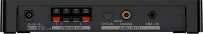 Bagpanel på en sort Onkyo LS-3100 baskabinetshøjttaler med analoge og optiske digitale lydstik