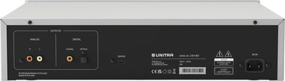 Vedere din spate a player-ului CD Unitra CSH-801 negru și argintiu din metal, ieșiri RCA, coaxială și optică, USB-C pentru service, priză IEC