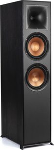 Enceinte colonne Klipsch R-820F noire, vue de face, avec deux haut-parleurs ronds et un tweeter dans un caisson en bois