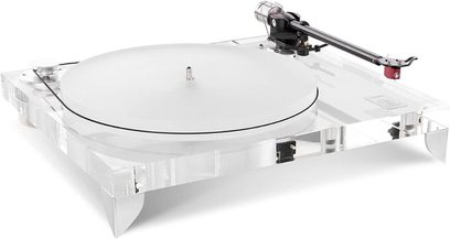 Giradischi hi-fi Gold Note Valore 425 Plus in acrilico con braccio B-5, finitura acrilica, vista dall'alto, trasparente