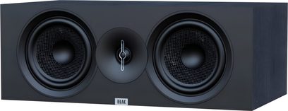 Elac Debut 3.0 DB62 centralhøjtaler i sort, trækasse, to teksturerede keglewoofere og centralt horn-tweeter, 3/4-visning