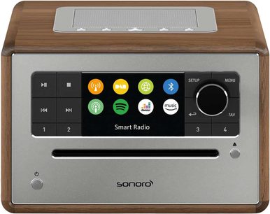 Radio da tavolo Sonoro Elite noce e argento, cabinet in legno, pannello frontale in metallo, display LCD, pulsanti multicolore