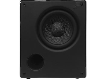 Önden görünüşlü siyah Sonance i10 subwoofer, ortada dairesel hoparlör, metal ızgara, kare kasa