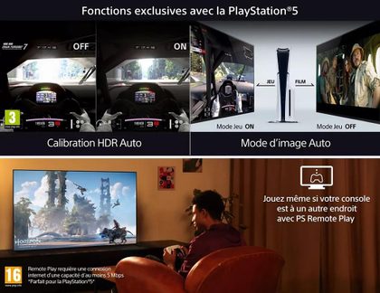 PS5-montage, hvid plastkonsol og sorte glas-tv med sammenligninger af HDR Auto og Remote Play