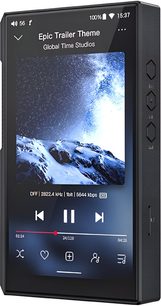 FiiO M11s sort audiophile-afspiller i metal, set fra højre forfra i trekvart vinkel, stor aktiv touchskærm, tre sekskantede knapper og microSD-slot på højre side