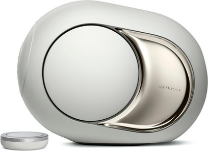 Акустична система DEVIALET Phantom Ultimate Light Pearl, перламутрова біла оболонка, полірована металева вставка, вид з боку, пульт дистанційного керування