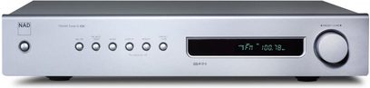 NAD C426 CT titanium tuner, front view, metallic gray facade with LCD screen, 6 buttons, knob and headphone jack