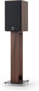 Suport pentru boxe Norstone Design Alva plus nuc, vedere frontală, coloană din lemn, bază neagră pătrată cu 4 picioare metalice