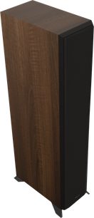 Sloupcový reproduktor Klipsch RP-5000F II, edice 2022 v ořechovém provedení, pohled zepředu a z boku, vertikální obdélníkový tvar