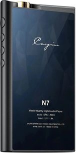 Cayin N7 audiophile music player in black with a metal chassis, faceted dark blue glass back with white lettering, gold knurled volume wheel, and four round side buttons, rear three-quarter view