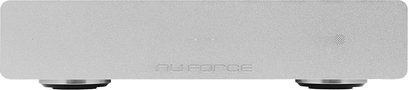NuForce STA-120 silver power amplifier, front view, rectangular metallic gray enclosure, two rotary knobs