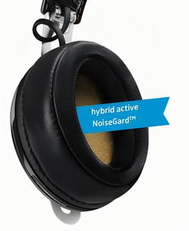 Sort hovedtelefon med hovedbøjle og ørepuder i læder, set fra venstre side, mærkat "hybrid active NoiseGard™"