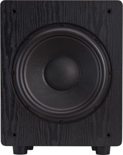 Subwoofer F3-12 sort træ, set forfra, sort cirkulær højttaler i midten, afrundede hjørner, korte ben