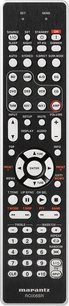 Sort Marantz RC006SR fjernbetjening med grå og hvide knapper til at styre en hjemmebiograf-forstærker, set forfra