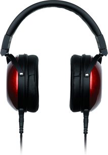 Fostex TH900 Mk2 sort og rød lukket circumaural hovedtelefon, med lakerede træørepuder og læderpolstret hovedbøjle