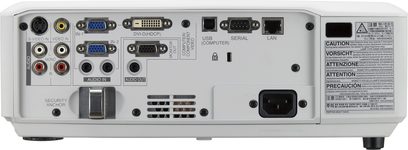 Projektor Mitsubishi WL2650U, zadní pohled, audio/video konektory, USB a sériové porty, vypínač, napájecí kabel