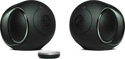 Kit stereo DEVIALET Phantom Ultimate 98 dB Deep Forest, matno temno zelena plastika, lesketajoče se bočne plošče, pogled 3/4