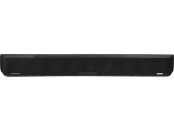 Sennheiser AMBEO Soundbar Max garso sistema, juoda, vaizdas iš priekio, perforuotas metalinis tinklelis, ekranas, baltas logotipas