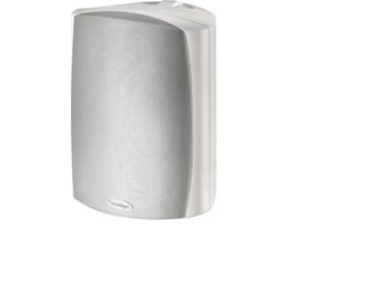 Cassa da esterno Paradigm Stylus 270 bianca, vista frontale, griglia perforata rettangolare arrotondata, corpo liscio, logo visibile