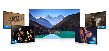 Collage van 6 afbeeldingen: besneeuwde bergen, turquoise meer, violisten, gitarist, muziekpartituur, tv-scherm