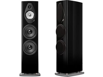 Sonus Faber Sonetto VIII G2 glancēti melns grīdas skaļrunis, frontāls un trīs ceturtdaļu skats ar redzamiem skaļruņiem