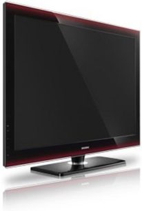 Samsung LE52A856 fladskærms-TV i sort, set forfra, placeret på en holder, med en dyb, blank rød ramme