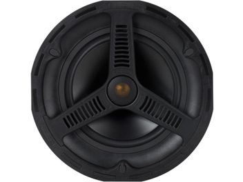 Monitor Audio AWC280 in-wall speaker, front view, circular black grille with golden central speaker