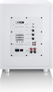 Canton Power Sub 12 S2 subwoofer i hvid set bagfra, med synligt forstærkerpanel og tilslutninger