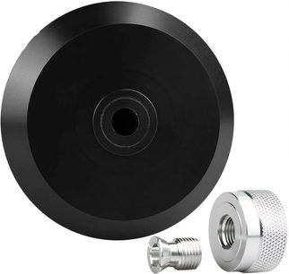 Svart matt Enova HIFI PP10 pressarplatta sedd framifrån, med metallisk silverfärgad låsskruv och bricka